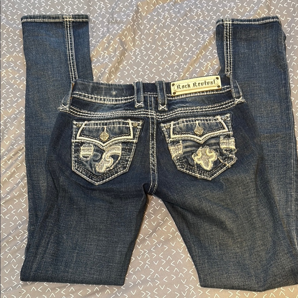 Rock Revival Blue Boot Cut Jeans with Decorative Stitching